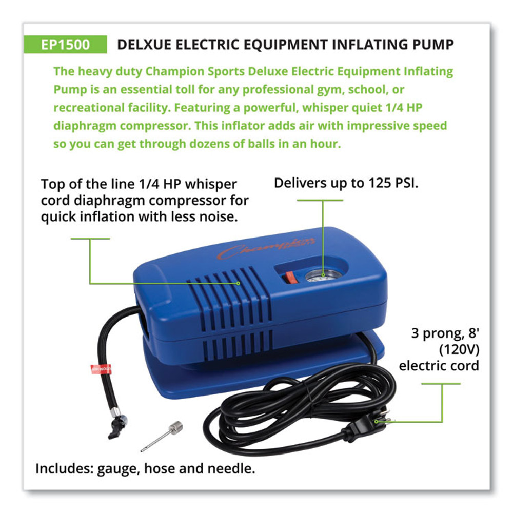 CHAMPION SPORT Sports EP1500 Electric Inflating Pump with Gauge, Hose and Needle, 0.25 hp Compressor, 50 psi, 8 ft Cord