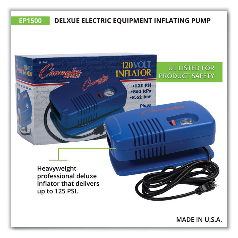 CHAMPION SPORT Sports EP1500 Electric Inflating Pump with Gauge, Hose and Needle, 0.25 hp Compressor, 50 psi, 8 ft Cord