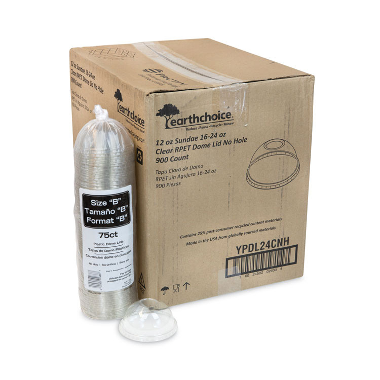 PACTIV EVERGREEN CORPORATION YPDL24CNH EarthChoice Strawless RPET Lid, Dome Lid, Fits 12 oz to 24 oz "B" Cups, Plastic, Clear, 1,020/Carton