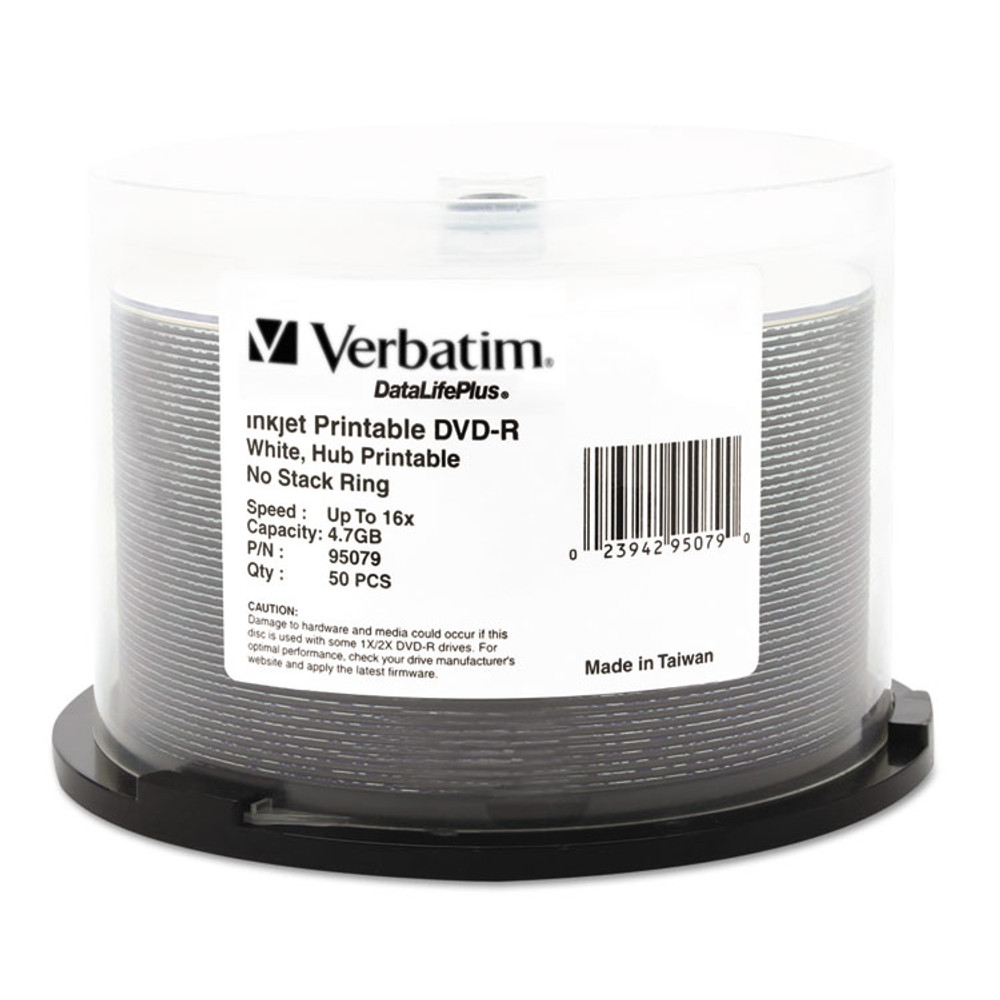 VERBATIM CORPORATION 95079 DVD-R DataLife Plus Printable Recordable Disc, 4.7 GB,16x, Spindle, White, 50/Pack