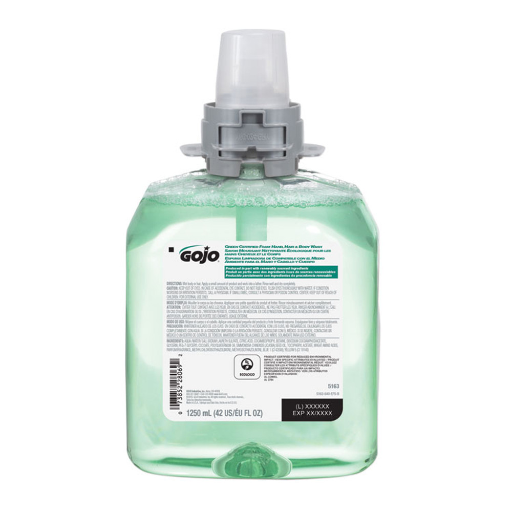 GO-JO INDUSTRIES GOJO® 516304CT Green Certified Foam Hair and Body Wash Refill, Cucumber Melon Scent, 1,250 mL, 4/Carton