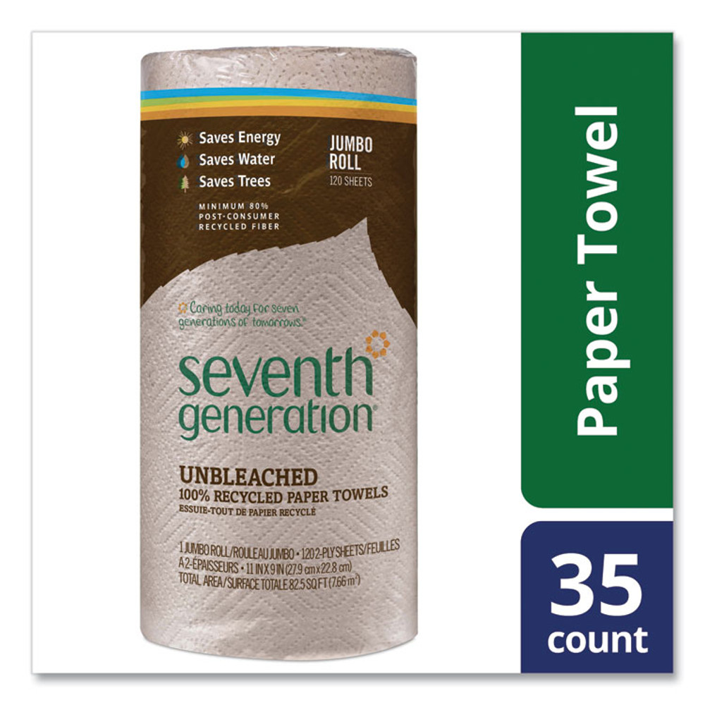 SEVENTH GENERATION 13720CT Natural Unbleached 100% Recycled Paper Kitchen Towel Rolls, 2-Ply, Individually Wrapped, 11 x 9, 120/Roll, 30 Rolls/Carton