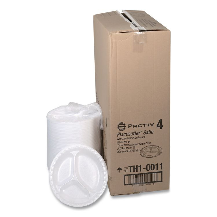 PACTIV EVERGREEN CORPORATION 0TH10011 Placesetter Satin Non-Laminated Foam Dinnerware, 3-Compartment Plate, 9" dia, White, 500/Carton