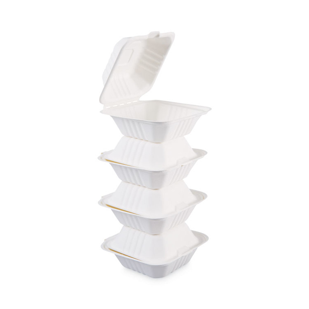 BOARDWALK HINGEWF1CM6 Bagasse Food Containers, Hinged-Lid, 1-Compartment 6 x 6 x 3.19, White, Sugarcane, 125/Sleeve, 4 Sleeves/Carton