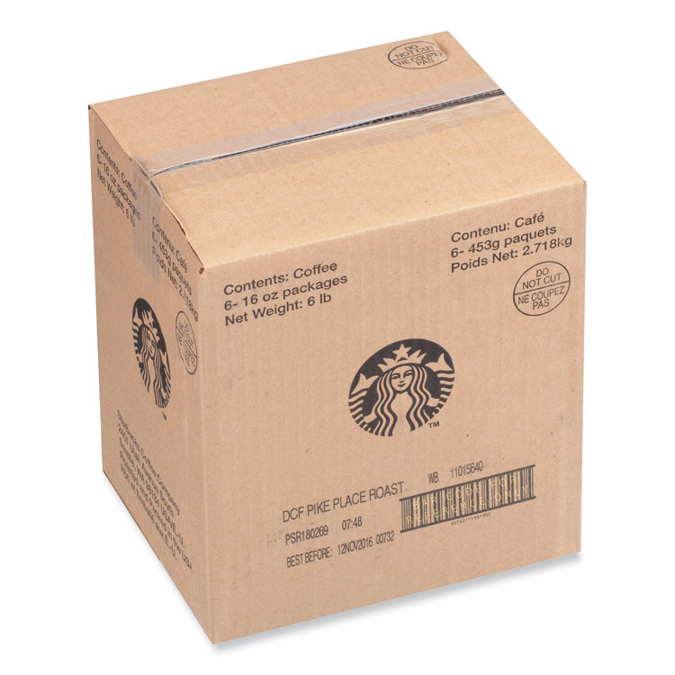 STARBUCKS COFFEE COMPANY 12540222 Whole Bean Coffee, Decaffeinated, Pike Place, 1 lb, Bag
