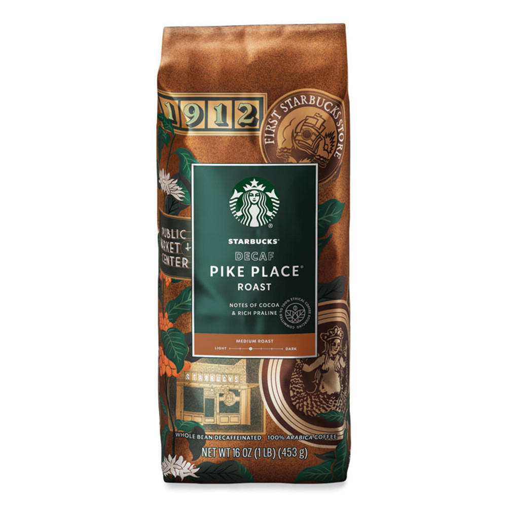 STARBUCKS COFFEE COMPANY 12540222 Whole Bean Coffee, Decaffeinated, Pike Place, 1 lb, Bag
