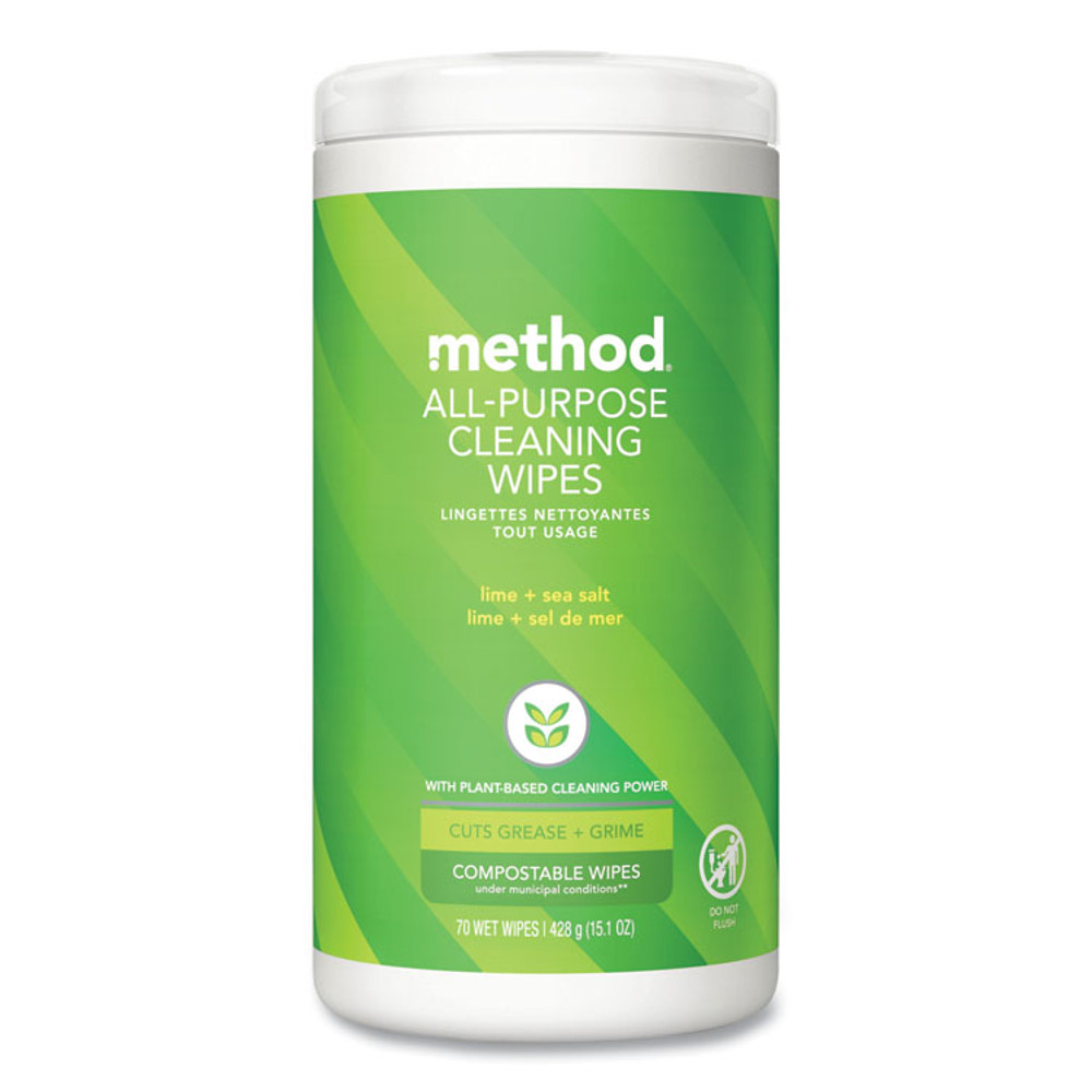 METHOD PRODUCTS INC. 338525 All Purpose Cleaning Wipes, 1 Ply, Lime and Sea Salt, White, 70/Canister, 6/Carton