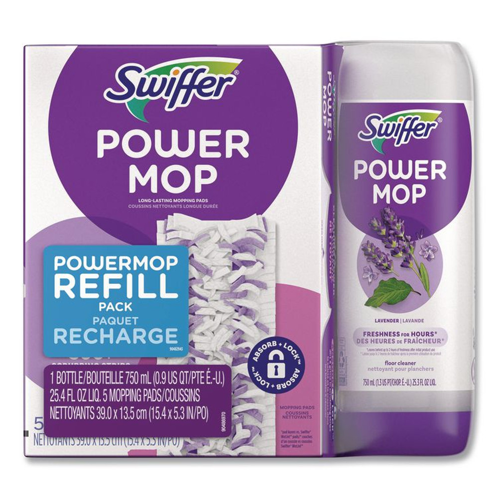 PROCTER & GAMBLE Swiffer® 09117 PowerMop Cleaning Solution and Pads Refill Pack, Lavender, 25.3 oz Bottle and 5 Pads per Pack, 4 Packs/Carton