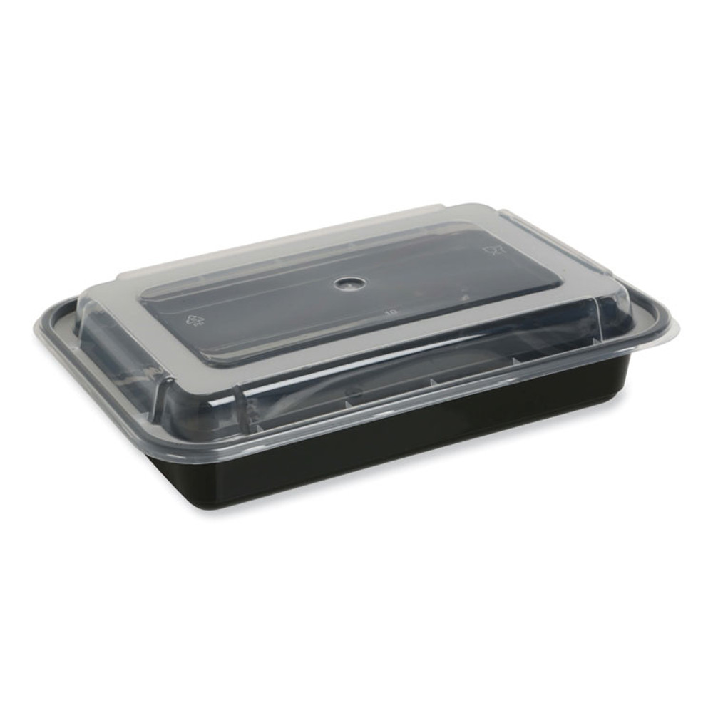 GEN TORECT28 Microwavable Food Container with Lid, Rectangular, 28 oz, 8.81 x 6.02 x 2.04, Black/Clear, Plastic, 150/Carton