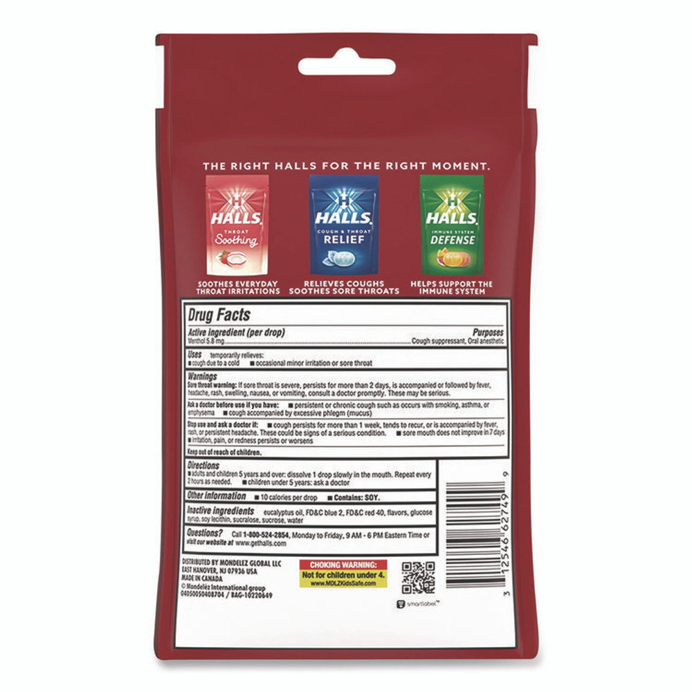 MONDELEZ INTERNATIONAL HALLS 621825221OWN Relief Menthol Cough Suppressant - Oral Anesthetic, Cherry, 30/Pack