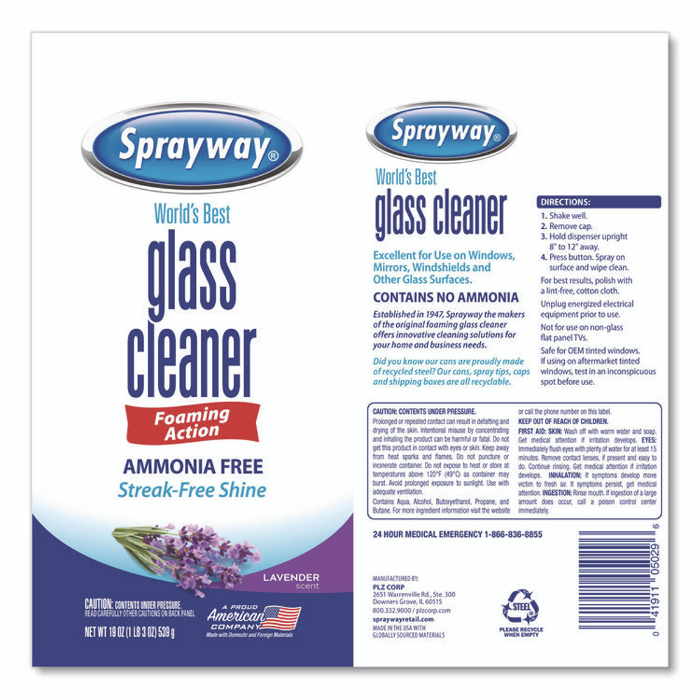 PLZ CORP Sprayway® SW5029 Glass Cleaner, Lavender, 19 oz Aerosol Spray, 6/Carton