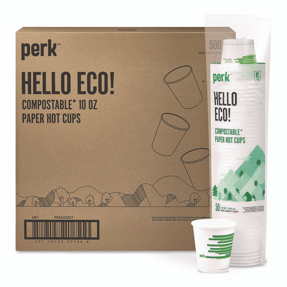 PERK PK56223CT Eco-ID Compostable Paper Hot Cups, 10 oz, White/Green, 500/Carton