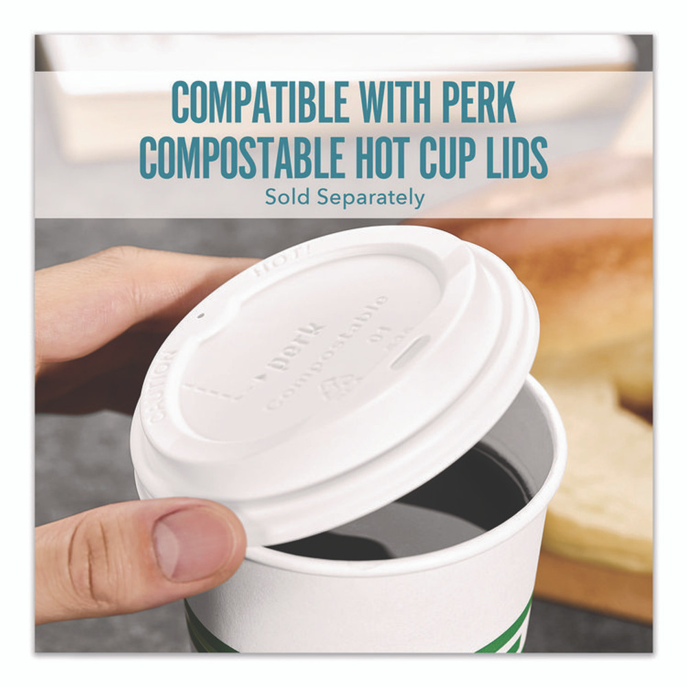 PERK PK56222CT Eco-ID Compostable Paper Hot Cups, 12 oz, White/Green, 500/Carton