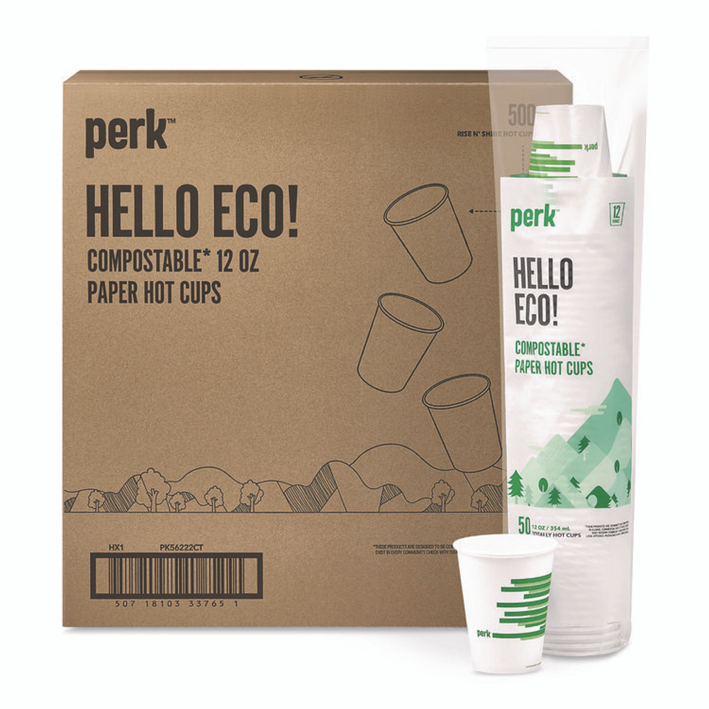 PERK PK56222CT Eco-ID Compostable Paper Hot Cups, 12 oz, White/Green, 500/Carton