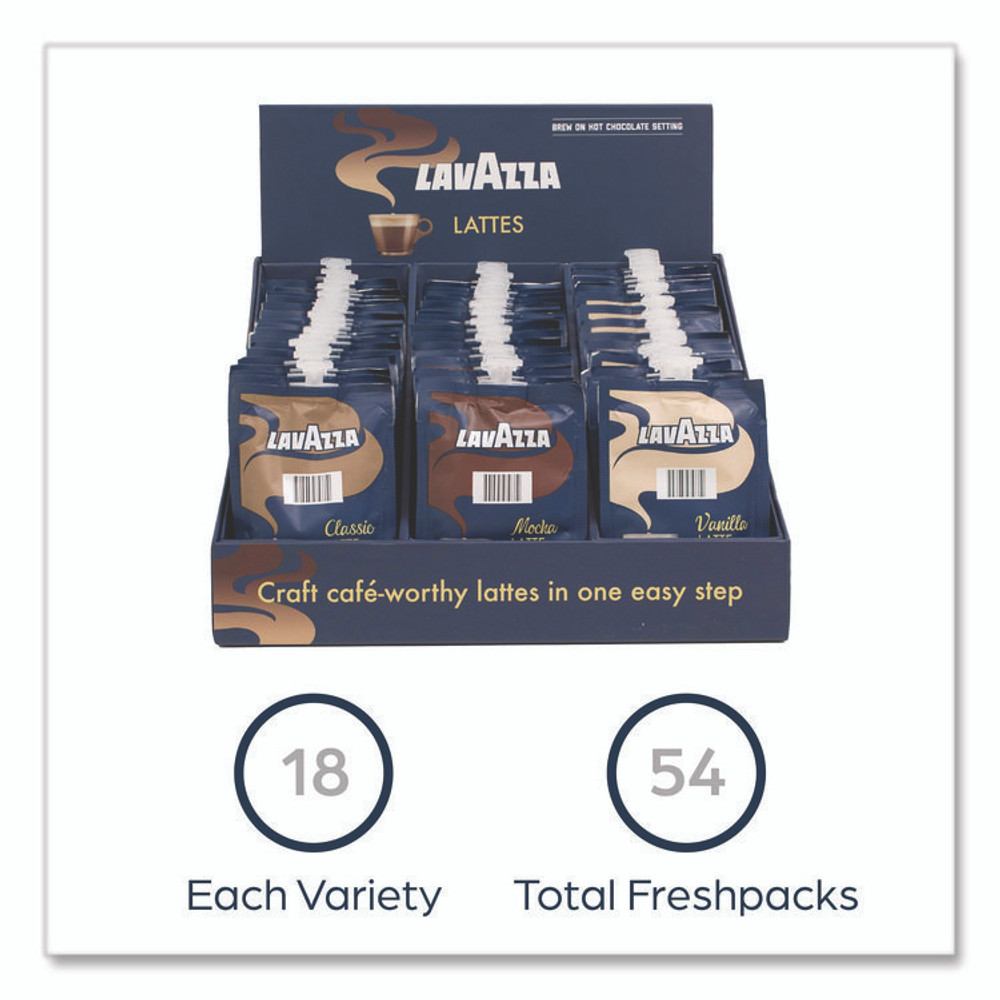 LAVAZZA 48728 Latte Merchandiser Kit, Classic/Mocha/Vanilla Freshpacks, 54/Carton