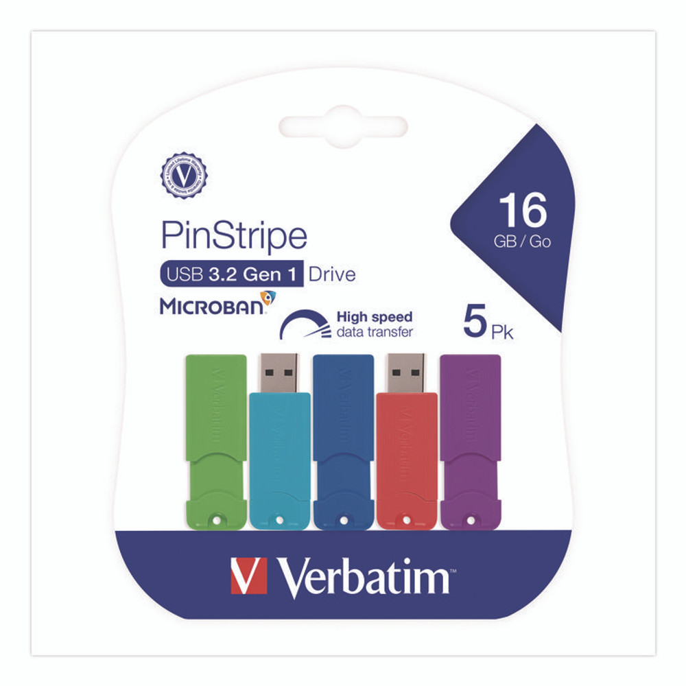 VERBATIM CORPORATION 70387 PinStripe USB 3.0 Flash Drive, 16 GB, Assorted Colors, 5/Pack