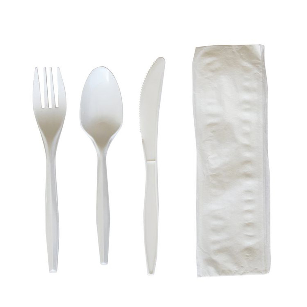 BOARDWALK 4COMBOKITPP Four-Piece Polypropylene Cutlery Kit, Mediumweight, Fork/Knife/Napkin/Spoon, Plastic, White, 250/Carton