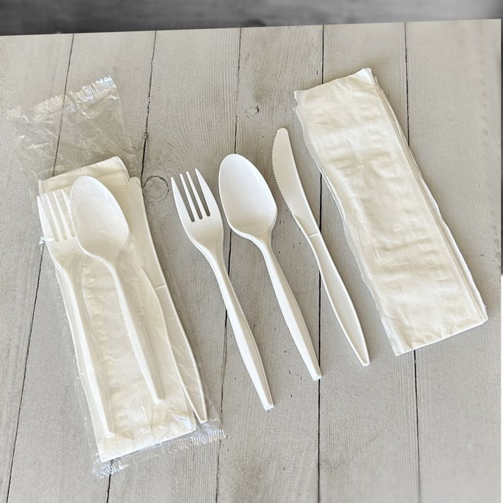BOARDWALK 4COMBOKITPP Four-Piece Polypropylene Cutlery Kit, Mediumweight, Fork/Knife/Napkin/Spoon, Plastic, White, 250/Carton