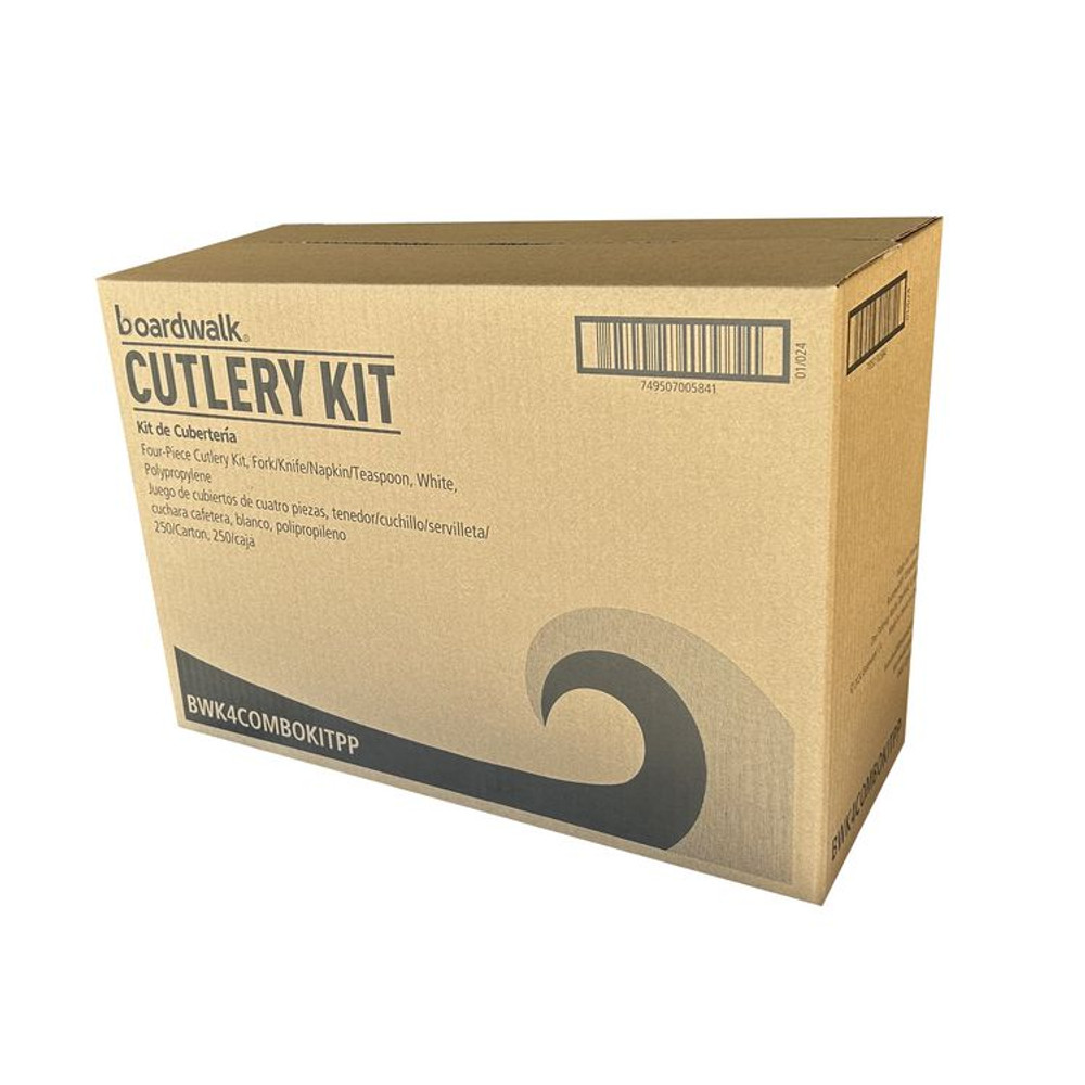BOARDWALK 4COMBOKITPP Four-Piece Polypropylene Cutlery Kit, Mediumweight, Fork/Knife/Napkin/Spoon, Plastic, White, 250/Carton