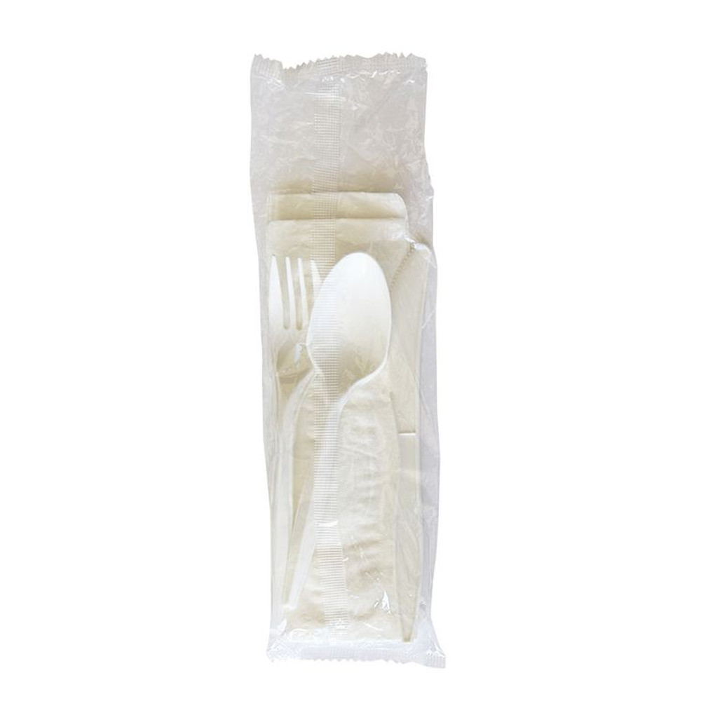 BOARDWALK 4COMBOKITPP Four-Piece Polypropylene Cutlery Kit, Mediumweight, Fork/Knife/Napkin/Spoon, Plastic, White, 250/Carton