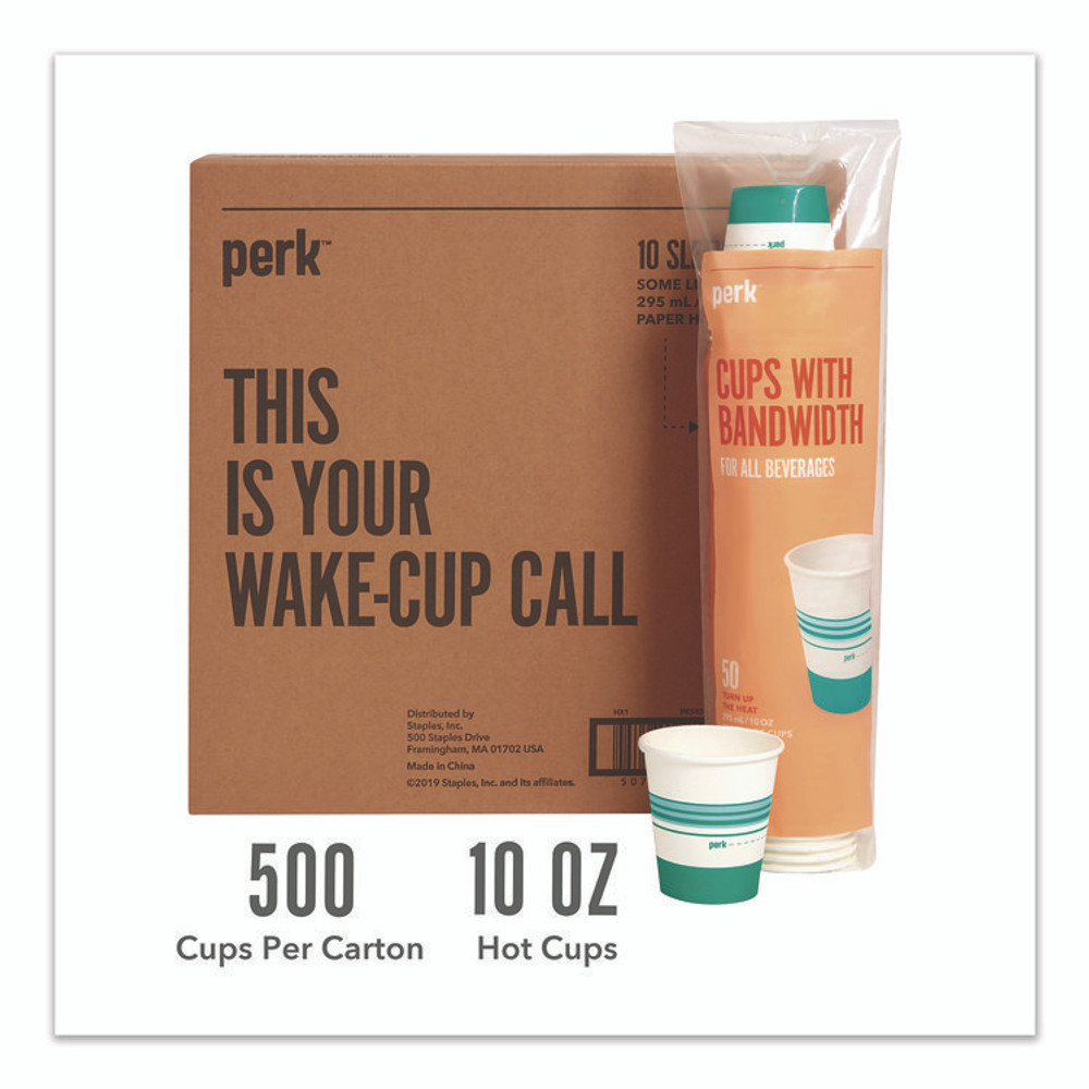 PERK PK54366CT Paper Hot Cups, 10 oz, White/Teal, 500/Carton