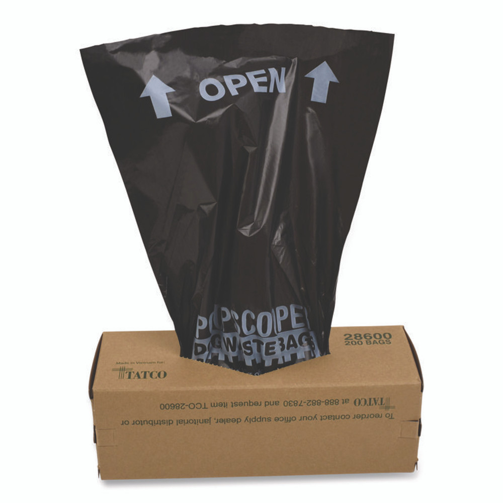 TATCO 28600 Dog Waste Bags, Open-Face, 0.5 gal, 8" x 13", Black, Perforated Roll, 200 Bags/Roll, 10 Rolls/Carton