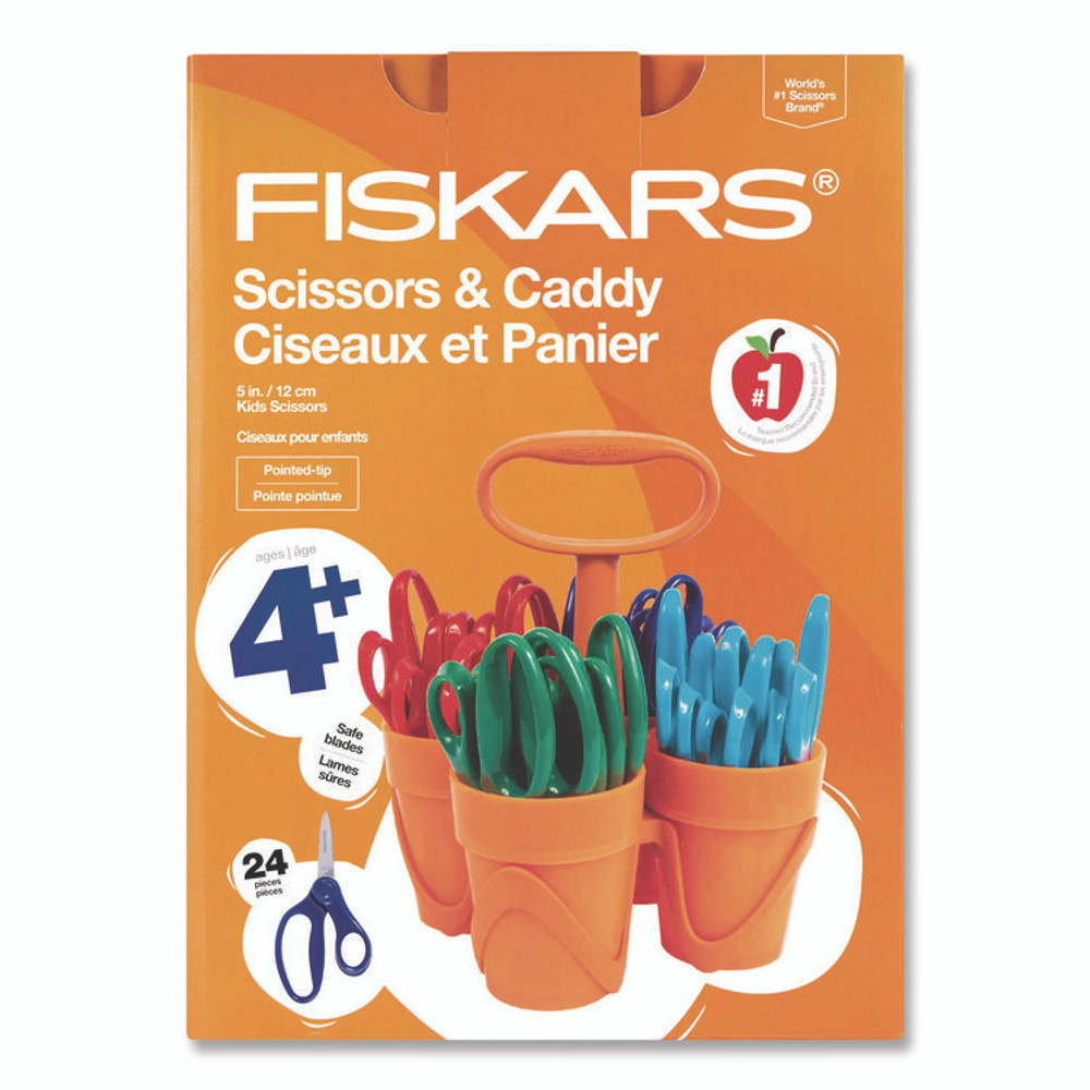 FISKARS MANUFACTURING CORP 1067059 Classpack Scissors Caddy, Pointed Tip, 5" Long, 1.6" Cut Length, Straight Asst Color Handles: Blue/Green/Lt Blue/Red, 24/Set