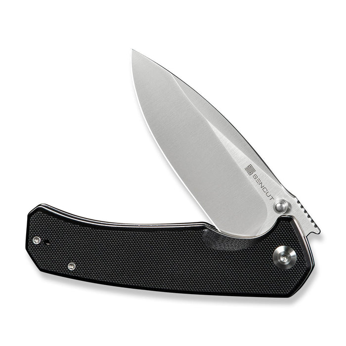 SENCUT S24025-1 Skarnax Flipper/Thumb Stud Folding Knife 3.79"" Satin 9Cr18MoV Drop Point Plain Edge Blade, Black G10 Handle
