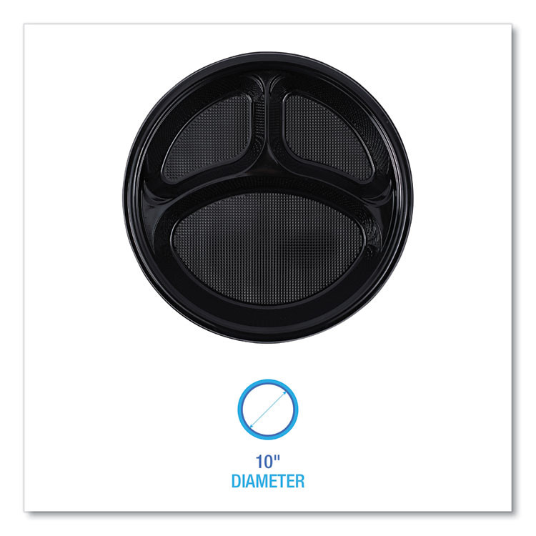 BOARDWALK PLTHIPS10BL3 Hi-Impact Plastic Dinnerware, 3-Compartment Plate, 10" dia, Black, 125/Sleeve, 4 Sleeves/Carton