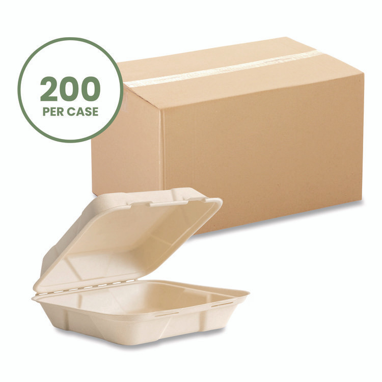 VEGWARE VWHC91NFA Nourish Molded Fiber Takeout Containers, Compostable, 9 x 9 x 3, Natural, Sugarcane, 200/Carton