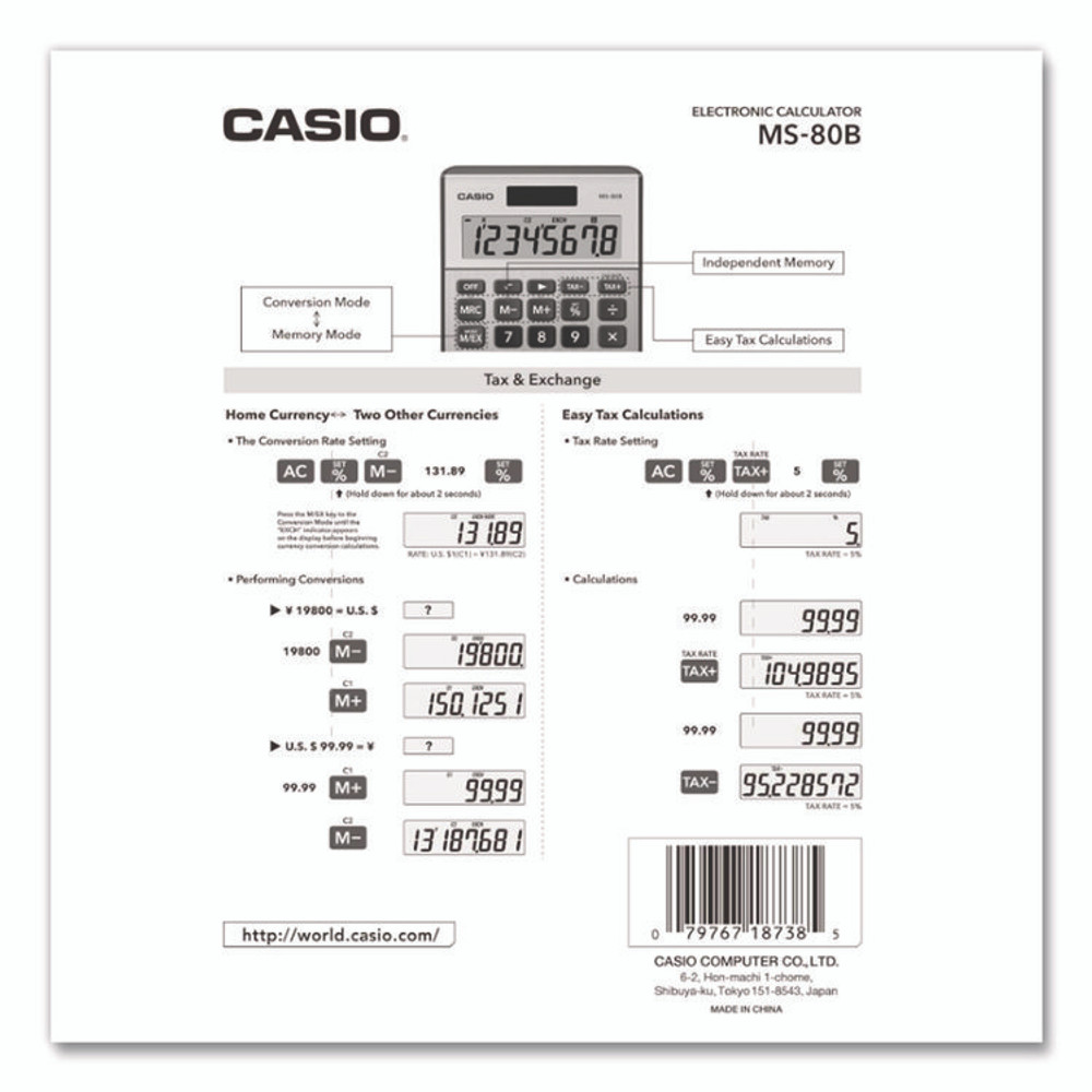 CASIO, INC. MS80BBU MS80B 8-Digit Battery and Solar Basic Calculator, LCD, Navy Blue
