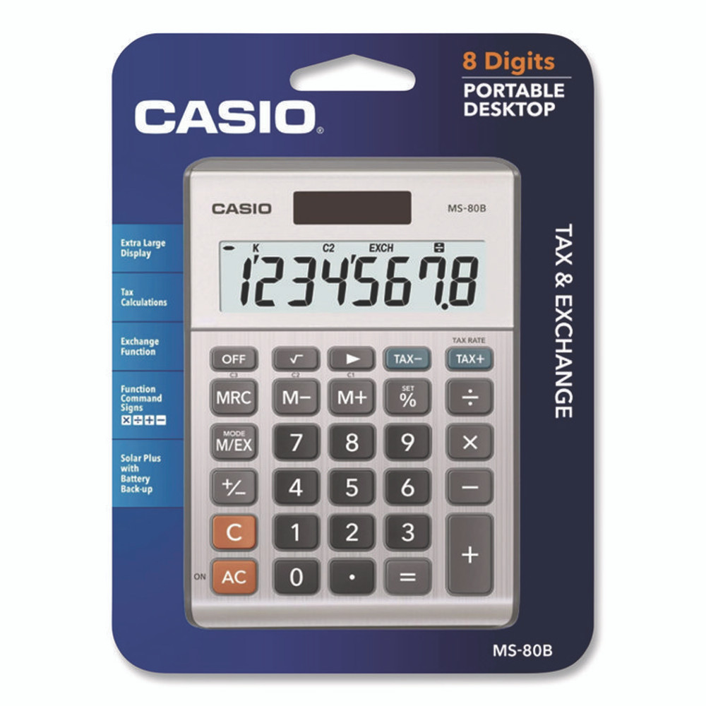 CASIO, INC. MS80BBU MS80B 8-Digit Battery and Solar Basic Calculator, LCD, Navy Blue