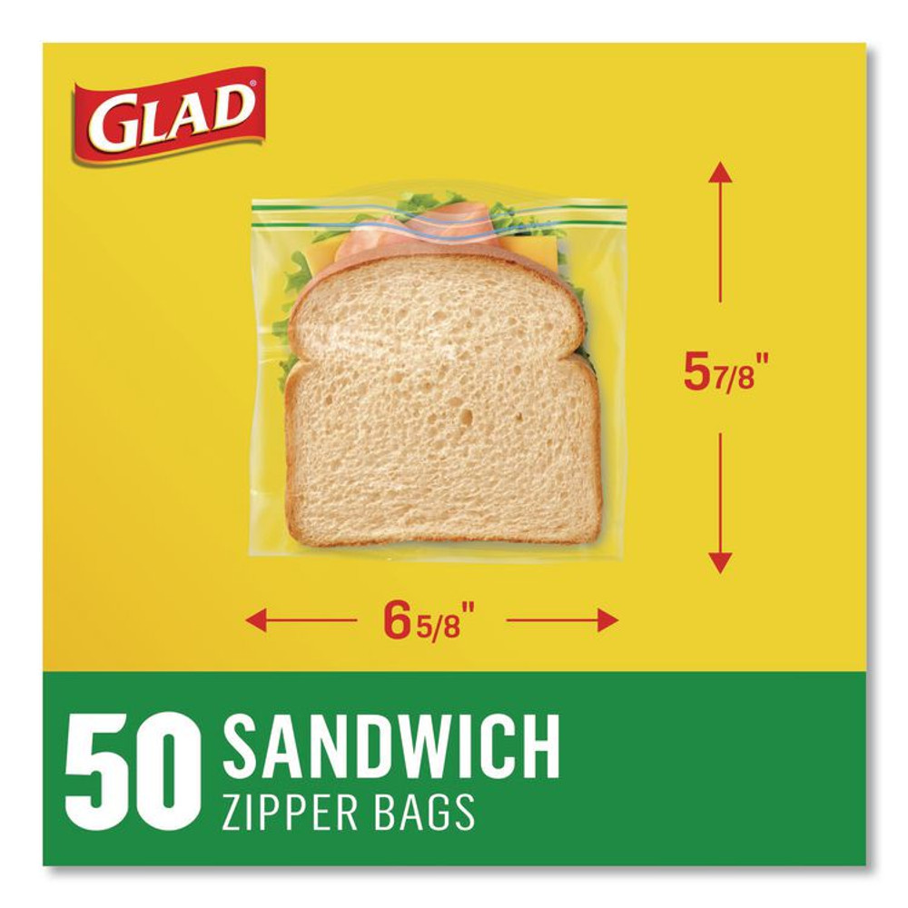 CLOROX SALES CO. Glad® 57263BX Zipper Food Storage Plastic Sandwich Bags, 6.63 x 5.88, Clear, 50 Bags/Box