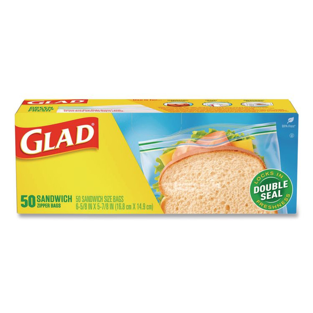 CLOROX SALES CO. Glad® 57263BX Zipper Food Storage Plastic Sandwich Bags, 6.63 x 5.88, Clear, 50 Bags/Box