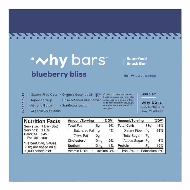 WHY BARS WHY16209 Superfood Snack Bar, Blueberry Bliss, 2.04 oz Bar, 12/Box