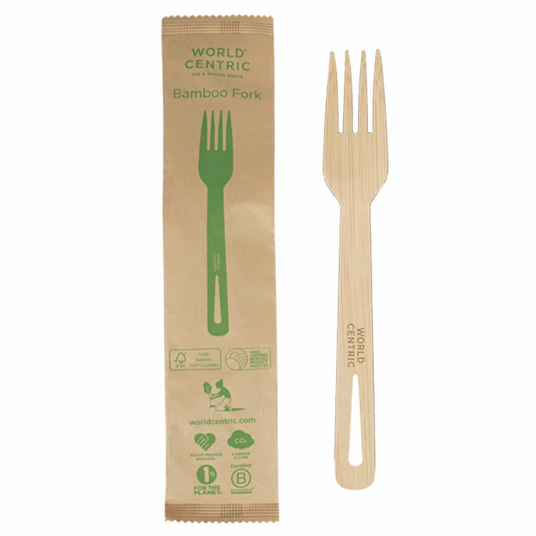 WORLD CENTRIC FOBBI Bamboo Cutlery, Fork, Paper, Natural, 750/Carton