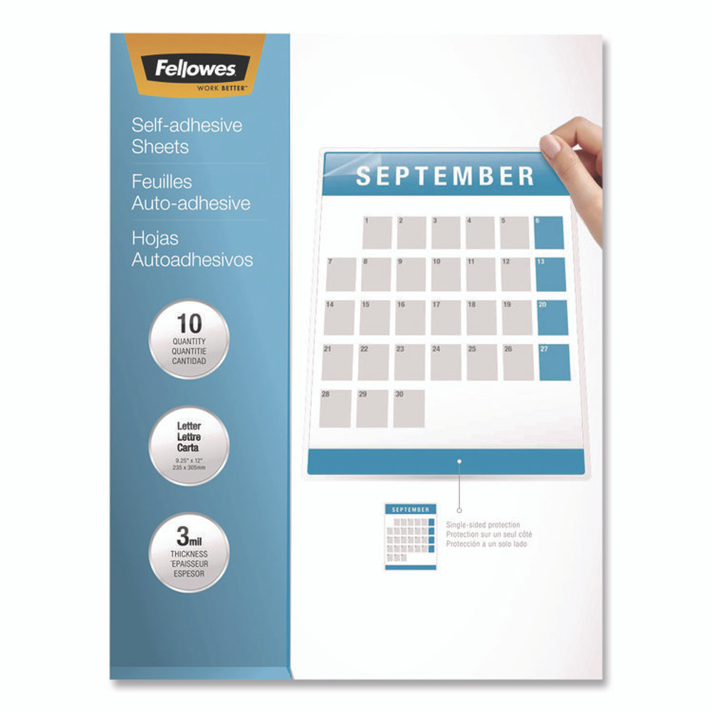 FELLOWES MFG. CO. 5221501 Self-Adhesive Laminating Sheets, 3 mil, 9.25 x 12, Glossy Clear, 10/Pack