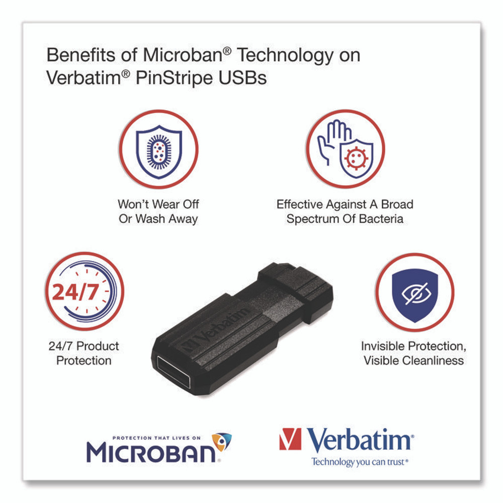 VERBATIM CORPORATION 70901 Pinstripe USB 2.0 Flash Drive, 64 GB, Black, 10/Pack