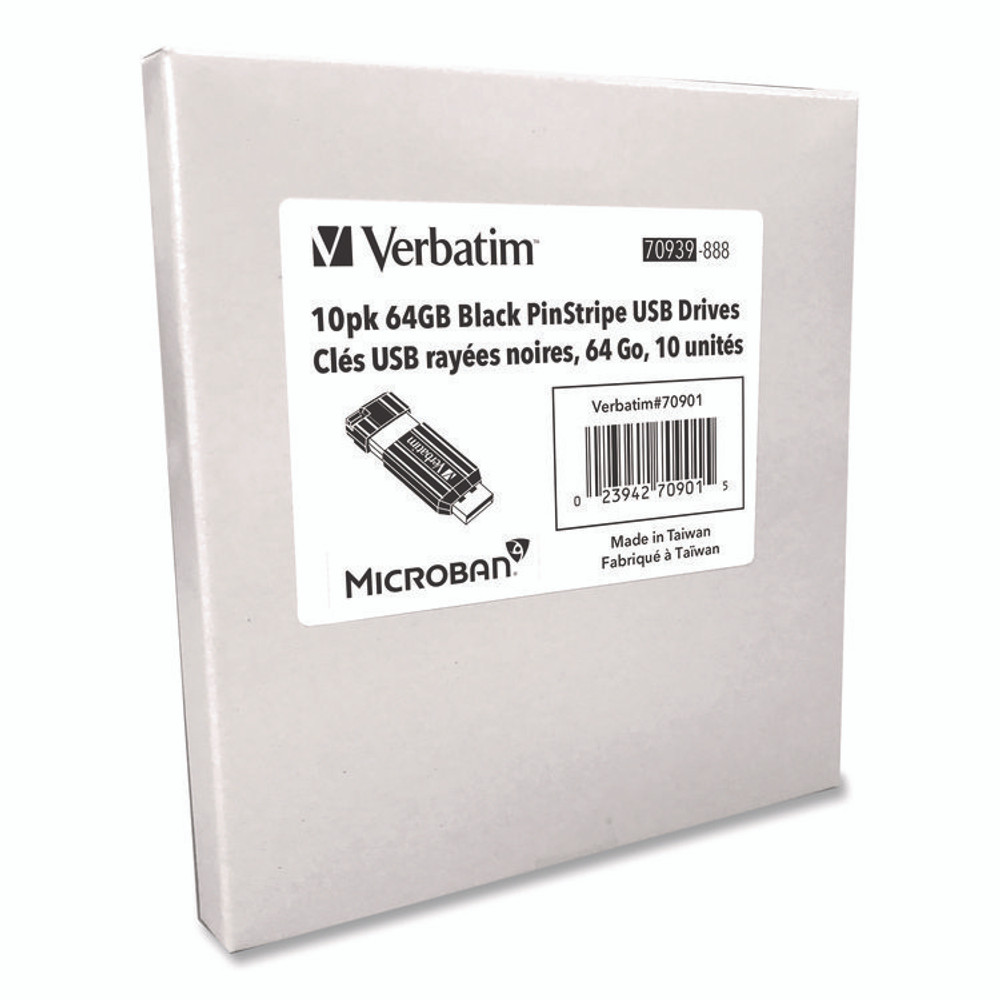 VERBATIM CORPORATION 70901 Pinstripe USB 2.0 Flash Drive, 64 GB, Black, 10/Pack