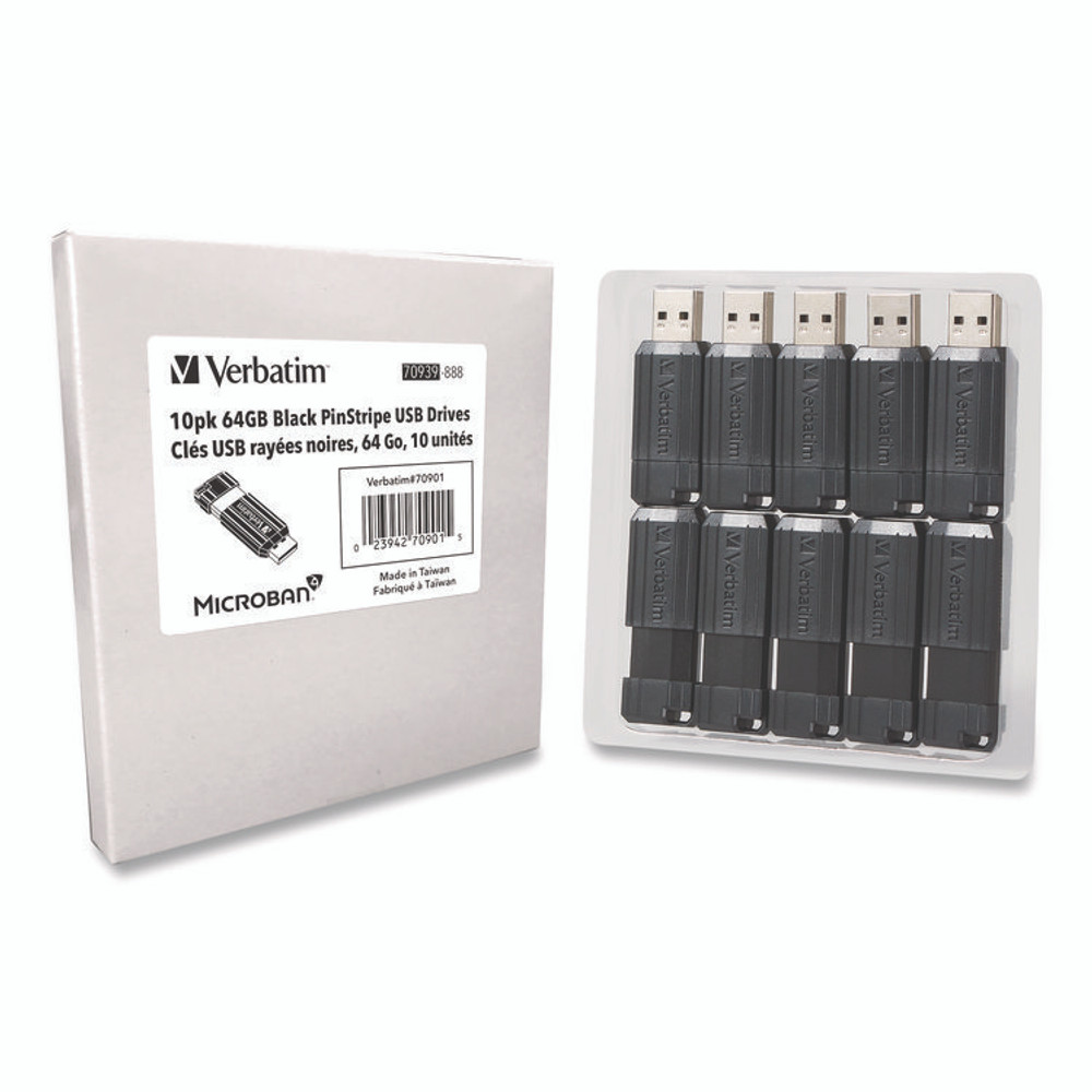 VERBATIM CORPORATION 70901 Pinstripe USB 2.0 Flash Drive, 64 GB, Black, 10/Pack