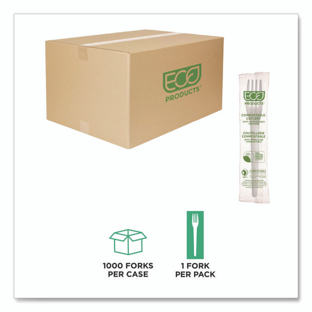 ECO-PRODUCTS,INC. EPS017W Plantware CPLA Cutlery, Individually Wrapped, Fork, Plastic, White, 1,000/Carton