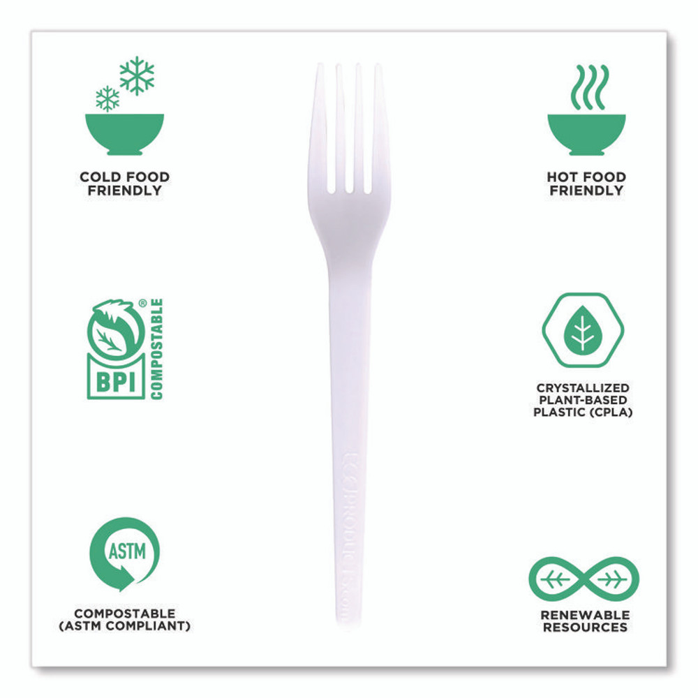 ECO-PRODUCTS,INC. EPS017W Plantware CPLA Cutlery, Individually Wrapped, Fork, Plastic, White, 1,000/Carton