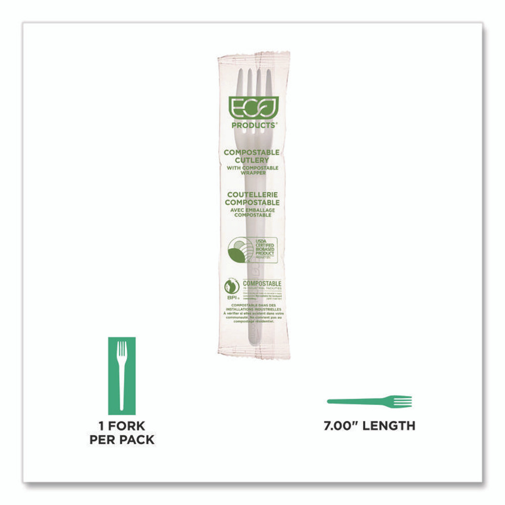 ECO-PRODUCTS,INC. EPS017W Plantware CPLA Cutlery, Individually Wrapped, Fork, Plastic, White, 1,000/Carton