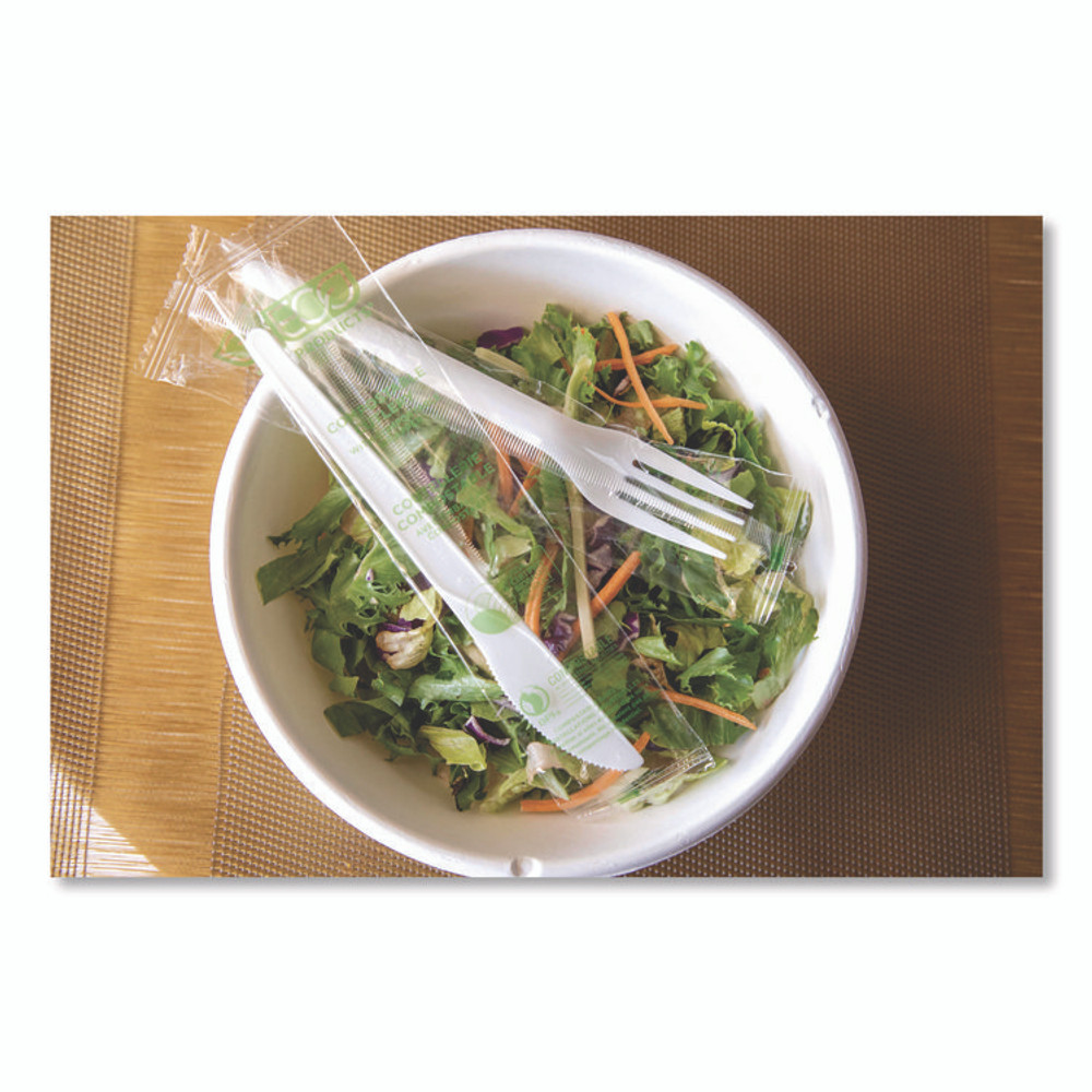 ECO-PRODUCTS,INC. EPS017W Plantware CPLA Cutlery, Individually Wrapped, Fork, Plastic, White, 1,000/Carton