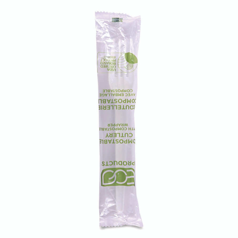 ECO-PRODUCTS,INC. EPS017W Plantware CPLA Cutlery, Individually Wrapped, Fork, Plastic, White, 1,000/Carton