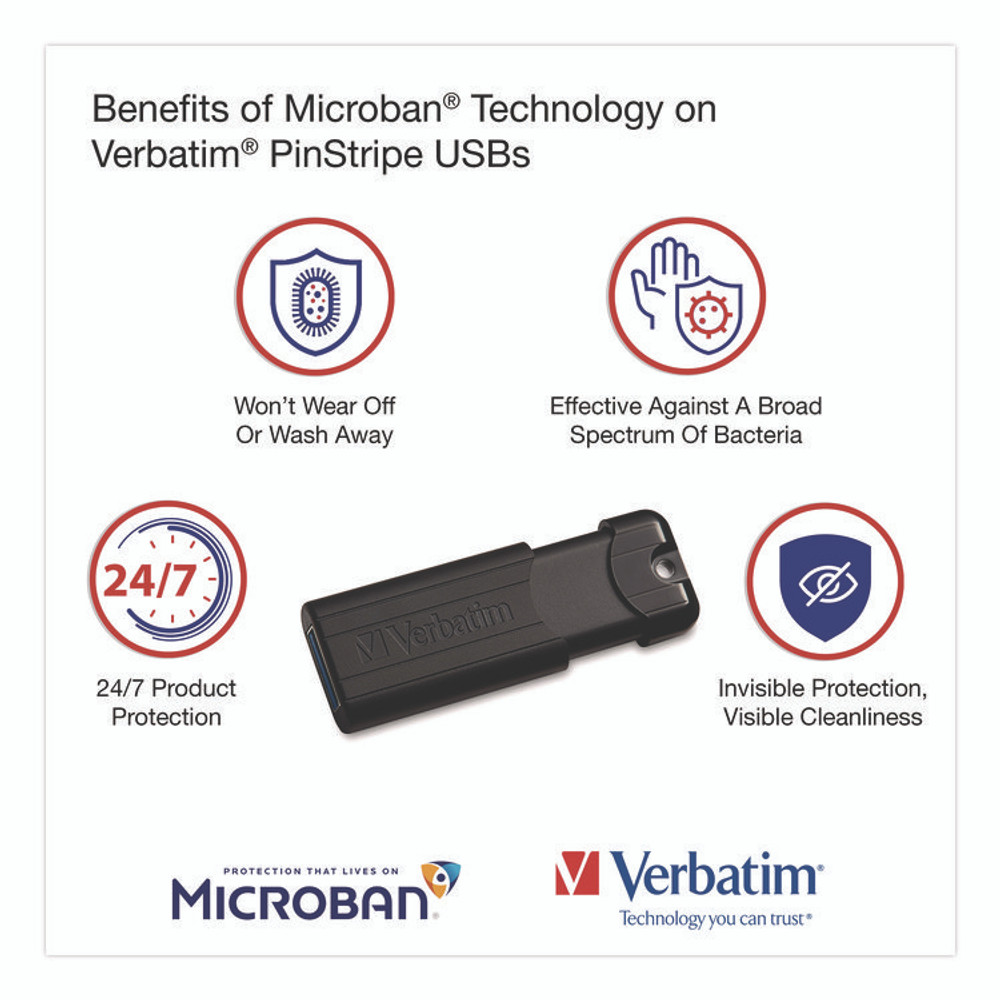 VERBATIM CORPORATION 70902 Pinstripe USB 3.2 Flash Drive, 32 GB, Black 10/Pack