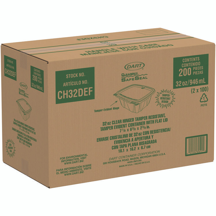DART CH32DERF ClearPac SafeSeal rPET Tamper-Resistant/Evident Containers, Embossed Bottom, 32 oz, 6.37 x 7.15 x 2.58, Clear, 200/Carton