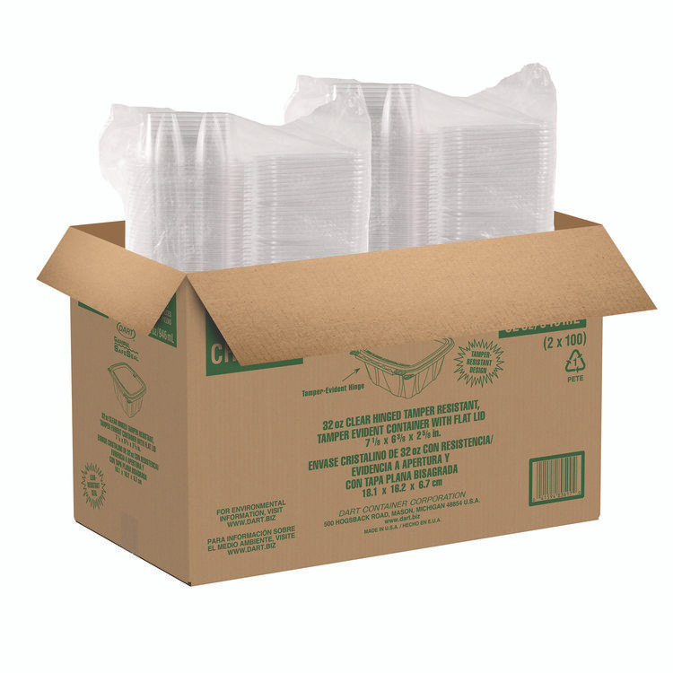 DART CH32DERF ClearPac SafeSeal rPET Tamper-Resistant/Evident Containers, Embossed Bottom, 32 oz, 6.37 x 7.15 x 2.58, Clear, 200/Carton