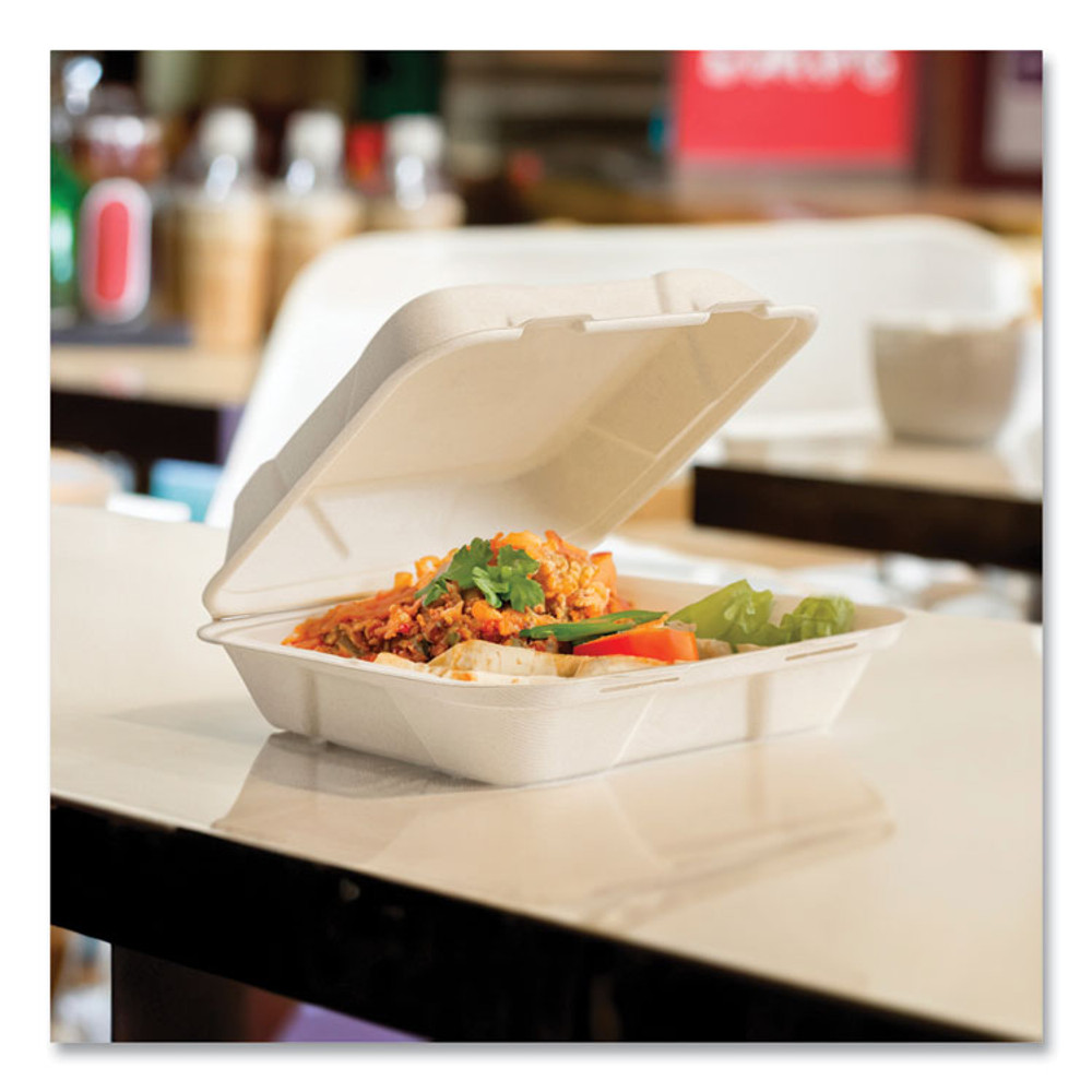 VEGWARE VWHC101NFA Nourish Molded Fiber Takeout Container, Compostable, 9 x 10 x 2, Natural, Sugarcane, 200/Carton