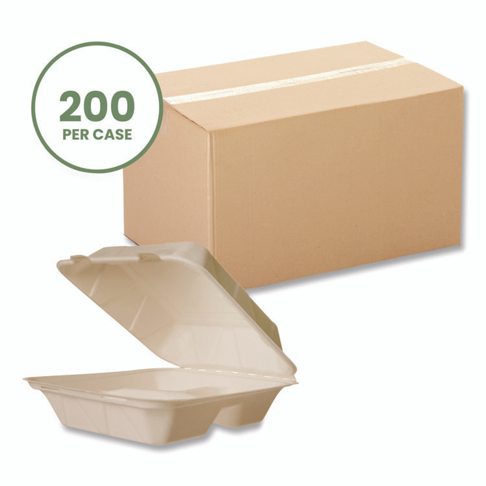 VEGWARE VWHC83NFA Nourish Molded Fiber Takeout Containers, Compostable, 3 Compartments, 7.9 x 7.9 x 2.9, White, Sugarcane, 200/Carton